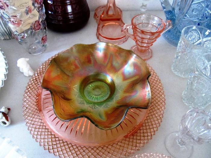 Vintage Colored Glasswares... Pink Depression and Carnival Glasswares, other depression glasswares too, Also shown are some vintage pressed glasswares