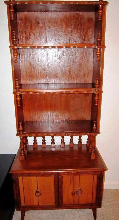 Vintage Primitive Book Shelf / Display Cabinet with nicely carved accents, natural finish, with open shelf display / storage and twin double door cabinet storage 