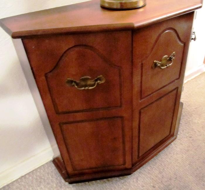 Vintage Foyer Cabinet with triangular front,  rich finish, double doors storage, brass pulls