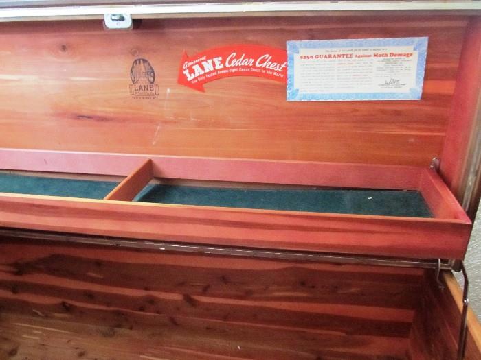 Interior View of Vintage Lane Cedar Chest...waterfall design with lovely inlaid accents and rich color, has large interior top storage tray.  Great accent piece.