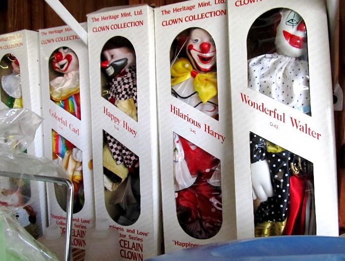 Collection of Heritage Mint Ltd. Porcelain Clowns in original boxes...These are from the "Happiness and Love" Collection (circa 1980's) .  Excellent details and vibrant colors...each clown is dressed in colorful clown costume for the character portrayed.