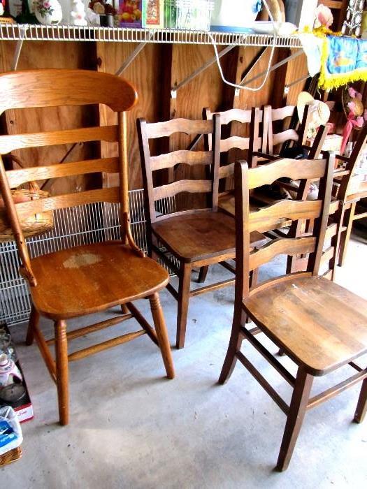 One of Four Vintage Matching Oak High Back Ladder Back Chairs with natural finish (Other 3 matching chairs  are pictured elsewhere in this collection); Also shown are a Set of Six Vintage Oak Ladder Back Chairs with natural finish;  Chairs can be used with Large Vintage Oak Dining Table which is pictured elsewhere in this collection.
