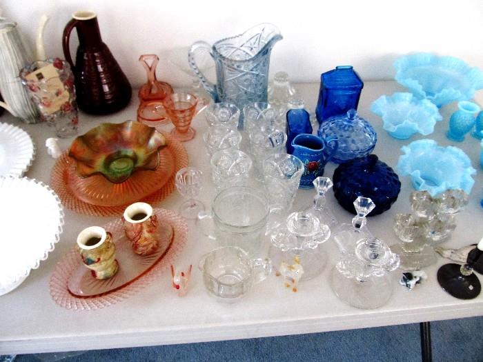 Some of the Excellent Vintage Glasswares av available in this sale...including Vintage Silvercrest Pattern Glass Items... Cake Plate,   Petite fore Server;  Vintage Fenton Glasswares including  Blue Ruffle Bowls; Vintage Depression &  Colored Glasswares... Vintage Pink Depression glasswares including a vintage pink depression small footed cake stand,  and vintage Carnival Glassware, other depression glasswares too; Vintage Milk Glass including Tall Vintage Milk Glass Footed Cake Stand;  Also shown are some vintage pressed glasswares