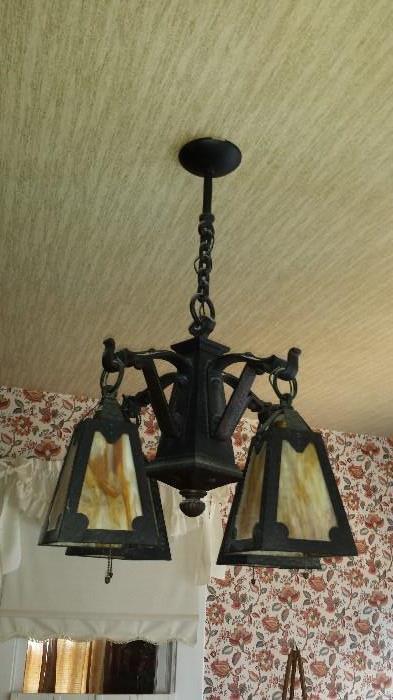 One Day Only!! Saturday March 14th, 8:00-4:00. Nice, quaint Living Estate Sale. Much antiques and collectibles. Arts and Crafts 4 light hanging fixture w/ slag glass.