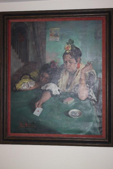 Large Oil Painting by important listed Orientalist  Max Moreau of a Spanish Gypsy. Works of his have sold at Auction for $122,000  in 2010 Appx 50" X 40" .