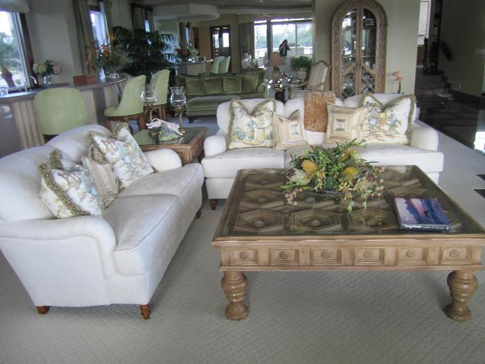 Kravet white 7' sofa and 5' loveseat.  Bernhardt coffee table.