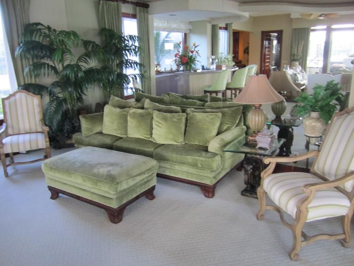 Beautiful 7' green chenille sofa with matching 45" ottoman.