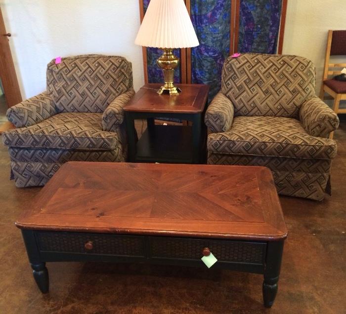 Pair of chevron patterned chairs, Hammory coffee table and end table, brass lamp.