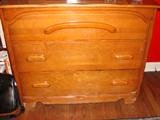 Chest to antique bedroom set. Matching twin headboard and mirror available.
