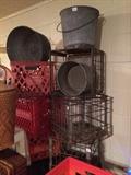 Milk crates metal and plastic, galvanized pails
