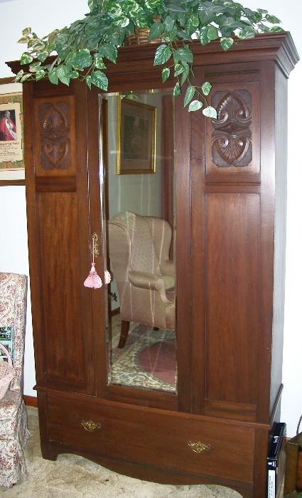Art Nouveau era armoire - has hooks AND shelves inside and drawer beneath