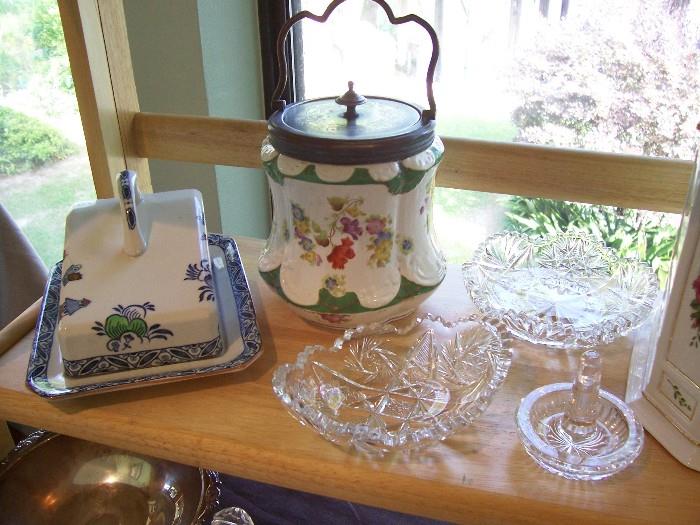 Antique cheese dish, another biscuit barrel, more cut glass, Waterford ring holder