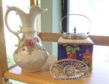 Baleek Ewer, Waterford clock, and antique biscuit barrel