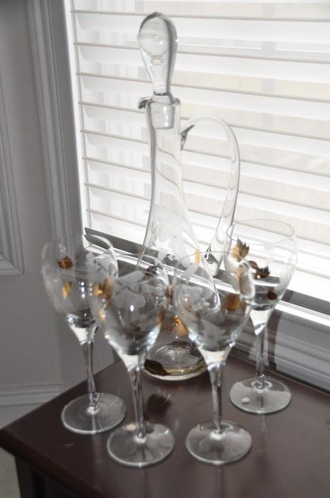 Vintage Crystal Etched and Gold Decanter with Wine Glasses