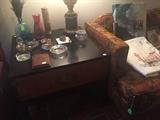 Mid-Century sofa, ashtray collection, pair of Asian-style end-tables