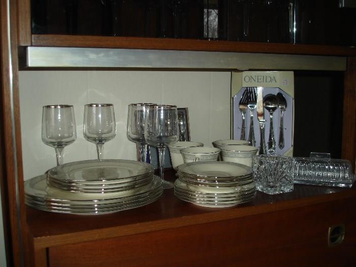 china, glasses, flatware, butter dish