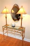 Glass-top metal bamboo console table, lamps, mirror