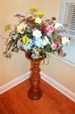 Wood pedestal and floral arrangement