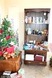 Thomasville end table, Christmas decor, secretary bookcase with books and office supplies