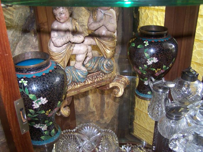 Spanish Colonial Putti; Cloisonne Urns