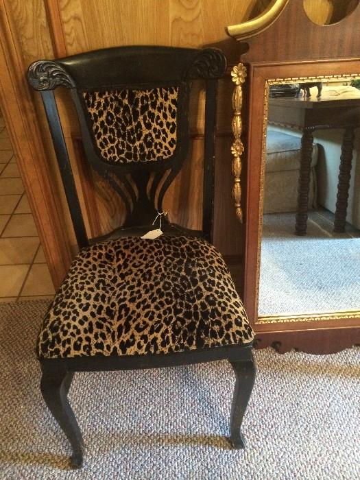  Leopard fabric upholstered chair; gold & wood mirror