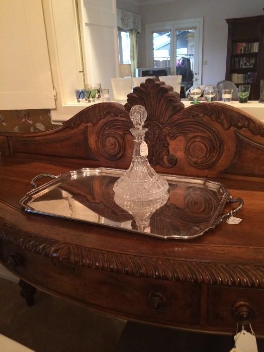 Beautifully carved over-sized server; silver tray;  decanter