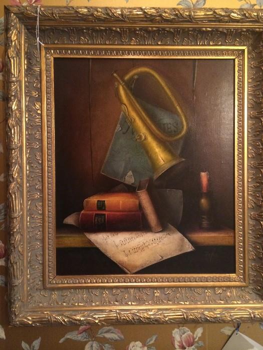 "Still Life with Literature and Music" - oil on canvas - 20th Century Europe