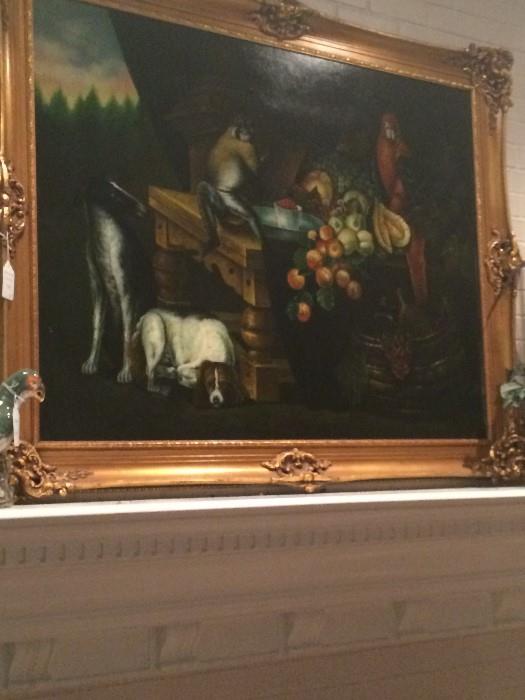 Beautifully framed dogs, monkey, parrot -- oil on canvas