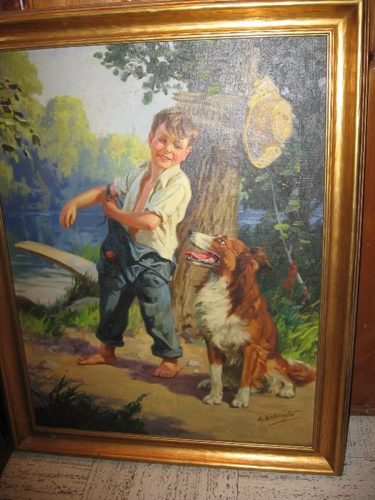 Oil painting  Boy and his Dog ( 1940's) ..Artist is Hy Hintermeister