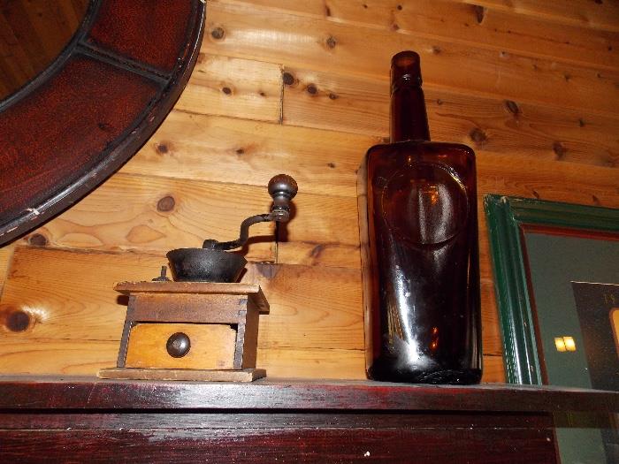 Antique Coffee Grinder / Vintage Brown Bottle