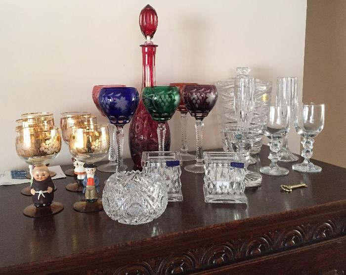       Cut to clear decanter set, cut glass, Waterford,         Hummel crystal stems