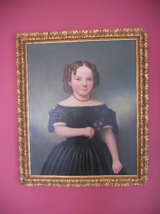 Ca. 1850 primitive oil painting of a girl