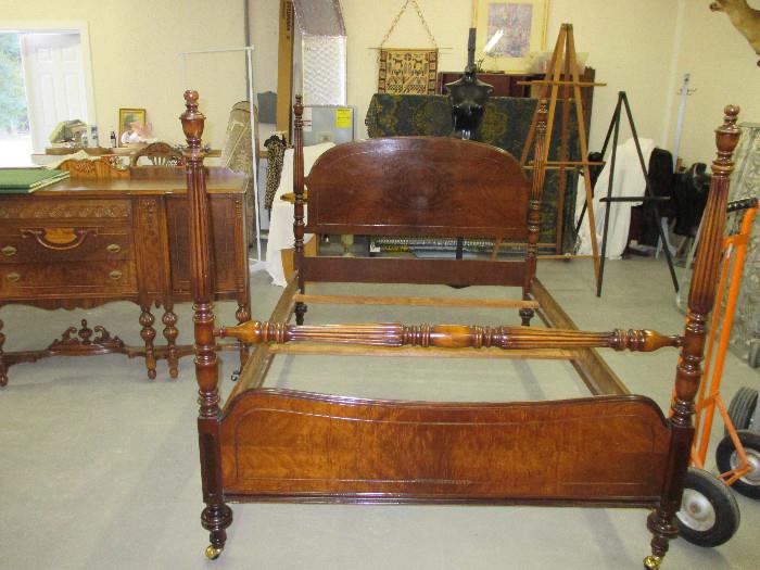 Four Poster Burled Walnut Bed. From Watertown N.Y. 