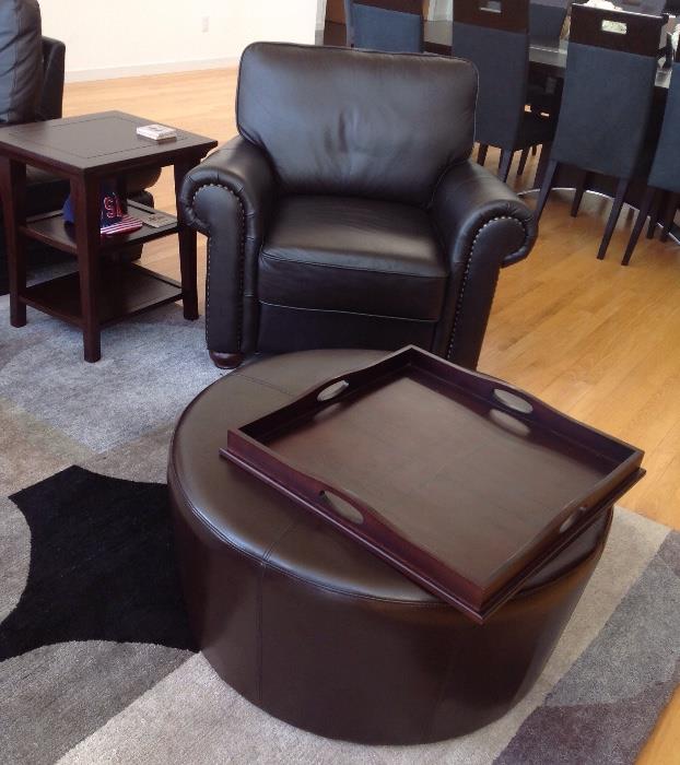 Leather Chair, Round Leather Ottoman
