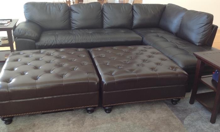 Abbyson Black Leather Sectional: Overall dimensions: 110 inches wide x 36 inches deep x 36 inches high.  Sofa: 74 inches wide x 36 inches deep x 36 inches high.  Shown with Pair of Abbyson Brown Leather Tufted Square Nailhead Trim Ottomans: 38" x 38" x 18" high