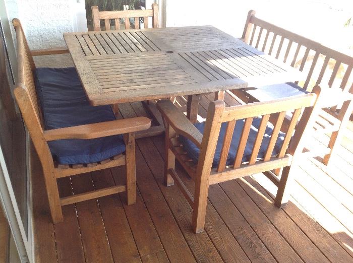Square Teak Outdoor Furniture with 2 Benches, 2 Arm Chairs, and Cushions.  Heavy Duty Furniture Covers Included.  Originally Purchased at Harrod's of London.