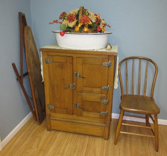 VINTAGE ICE BOX / SIDE CHAIR/ WOOD IRONING BOARD
