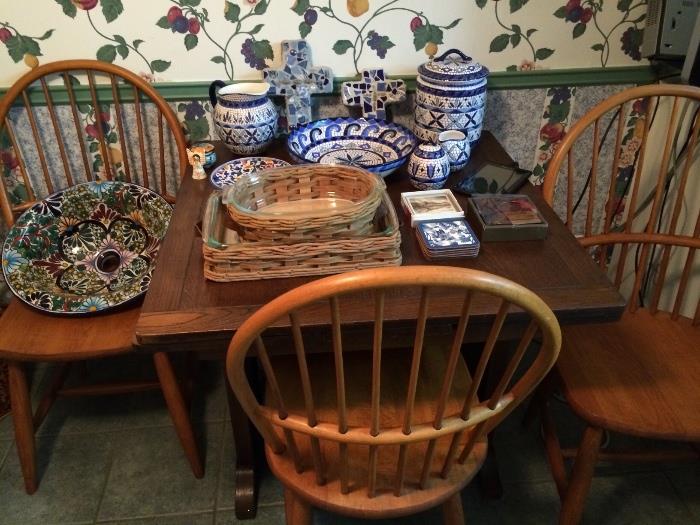 antique pine chairs, oak drop down table, Talavera sink