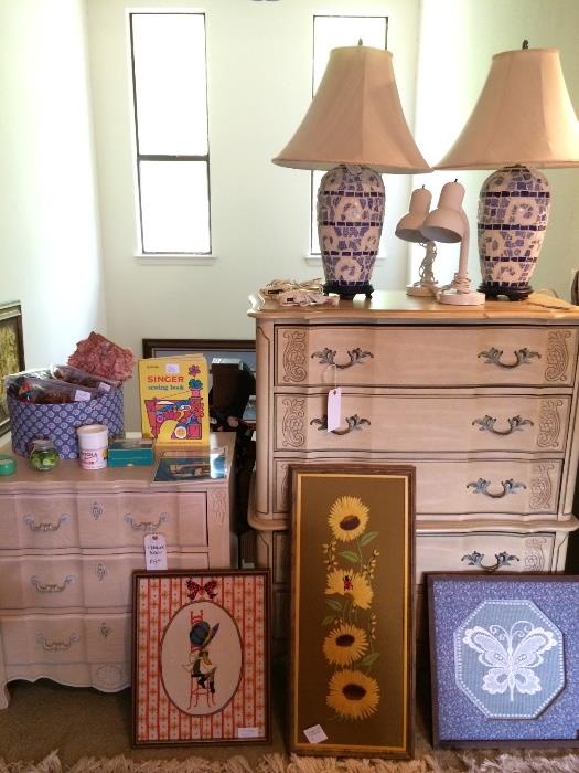 Vintage antiqued white dressers by Stanley and Broyhill, mosaic lamps, needlepoint, sewing...