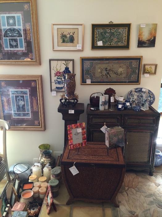 Asian consoles and pedestal, Chinese import items, silk embroidery, framed, pair of neo-classical wall hangings, designer frames and candles 
