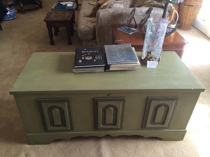 Cedar chest with green paint, Yearbooks: late 50's through the mid sixties Cushing Texas, The Stone Fort, crackle vase