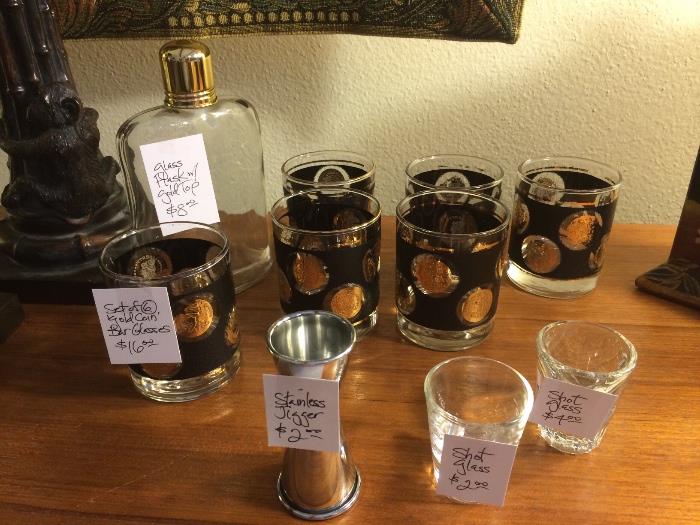 black and gold "coin" glasses, barware