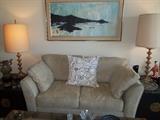 Nice microfiber love seat. Nice mid century lamps. Albert Purvis original oil.