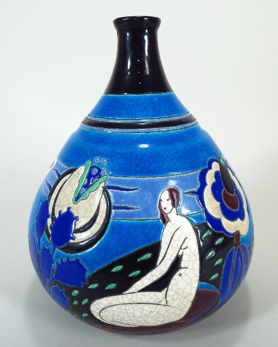 Atelier Primavera Longwy Baigneuses Faience Art Deco Vase, c. 1930