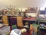Fran's spacious third floor art studio loaded with original art, supplies, fabric, jewelry supplies