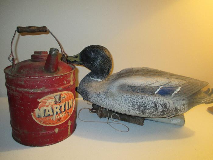 Vintage Martin Ware gas can.  Mallard duck decoy.