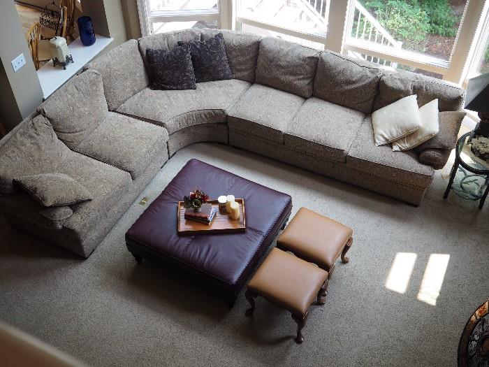 Stickley Sectional. Leather ottoman/coffee table. Two leather stools.