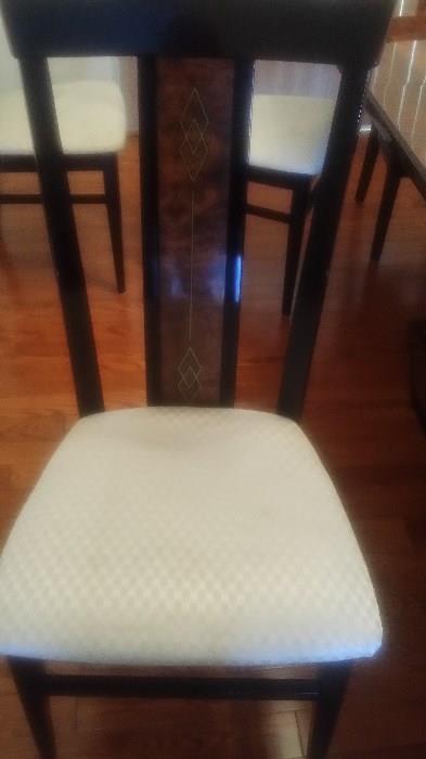 Imported Contemporary Italian Dining Room Set (Like New) with Leaf & 8 Chairs: All wood high-gloss finish; custom fabric on chairs; custom table pad included; 99"L x 42"W