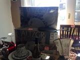 Three boxed sets of Pfaltzgraff dinnerware, boxed set of flatware from Macys, Yankee Candle plate and shade, wine and wine glasses. 