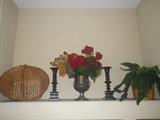 Decore: basket, wood candlesticks, flower arrangement in tin urn, greenery in basket